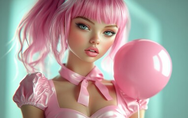 Fototapeta premium A whimsical scene of a woman with pink hair joyfully clutching a vibrant pink balloon on Valentine's Day.