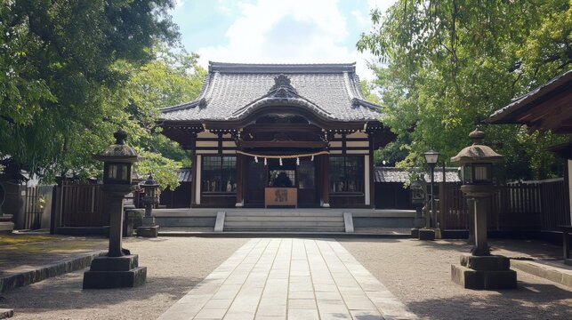 Serene Japanese shrine with traditional architecture, stone lanterns, and lush greenery.