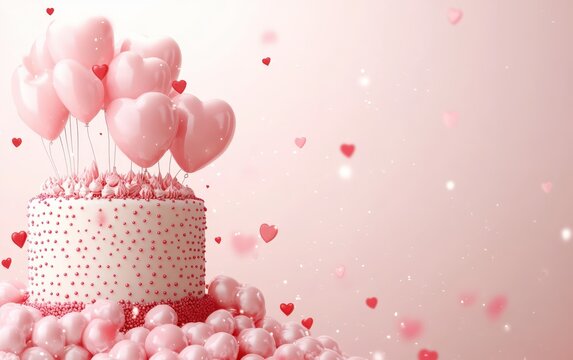 A delightful cake adorned with pink balloons and heart decorations, perfect for celebrating love on Valentine's Day.