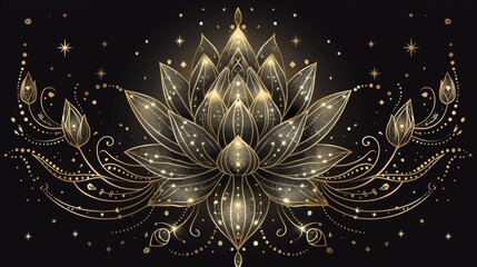 A stunning lotus flower illustration featuring intricate golden details and sparkling elements against a solid black background. This design evokes a sense of beauty and elegance in its simplicity.