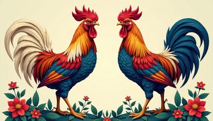 Fototapeta premium Majestic rooster, sharp lines, stylized design, agriculture, line art