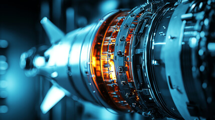 Fototapeta premium Close-up of a powerful jet engine's intricate internal components glowing orange.