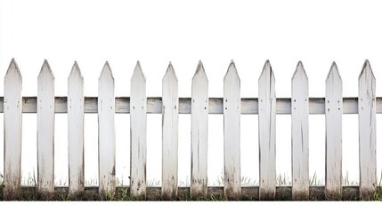 Obraz premium Aged White Wooden Fence with Grassy Base - Rustic Country Charm