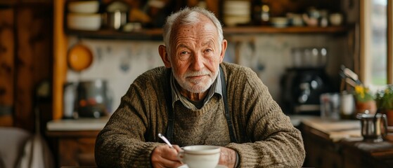 Elderly man enjoys a meal in rustic kitchen
