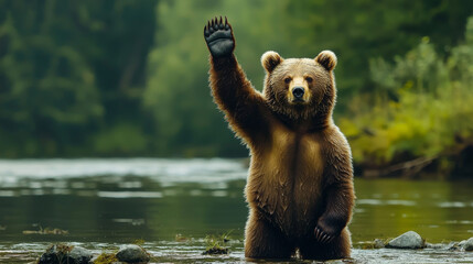 Grizzly bear waves hello in a river, lush green background.