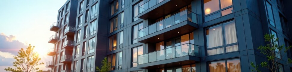Fototapeta premium Modern apartment building facade with sleek glass and steel exterior, architecture, contemporary design