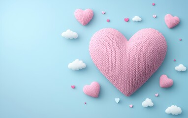 Obraz premium A soft pink heart nestled among fluffy clouds and scattered hearts, radiating love and warmth.