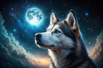 Naklejka premium A majestic Siberian Husky gazes upward at a full moon and starry night sky.
