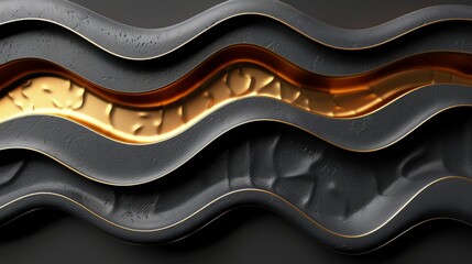 This artwork showcases a captivating wave design with smooth, curved surfaces in black and gold. The interplay of textures creates visual depth and intrigue, drawing the viewer's attention.