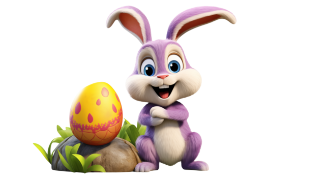 Adorable 3D Easter Bunny with Decorated Egg isolated on transparent background