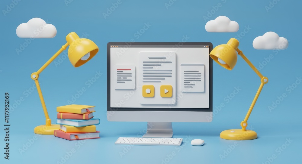 Aufkleber 3d illustration of a desktop computer displaying a document being edited with text and icons