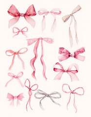 Watercolor Bow Collection – A delicate set of hand-painted bows in soft pink and neutral tones, perfect for invitations, packaging, stationery, weddings, and creative artistic projects.