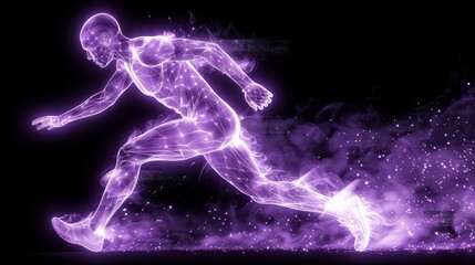 A runner bursts forward, leaving behind a radiant purple trail. The dynamic pose captures speed and energy, with smoke and light effects enhancing the sense of motion and vitality.