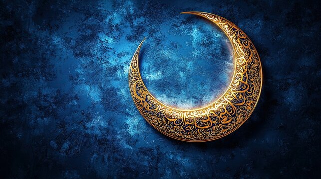 Golden crescent moon with Arabic calligraphy on textured blue night sky background.