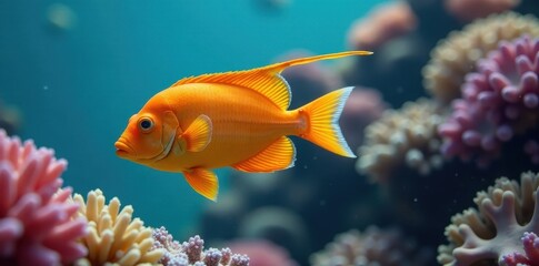 Naklejka premium Orange fish with long tail swimming in coral reef, goldfish, aquarium