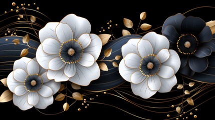 Softly colored white and black flowers are beautifully arranged against a dark background, highlighted with delicate golden accents and flowing lines, creating a sophisticated and serene atmosphere.