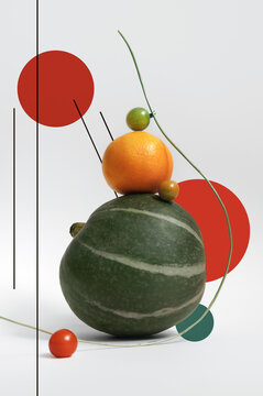 Abstract set of fruits. Decorated pumpkins, tangerine and tomatoes.
