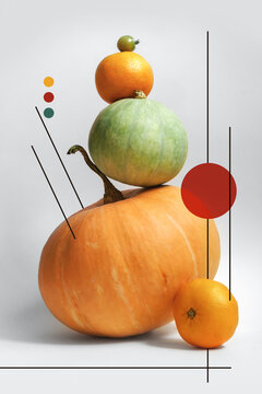 Abstract set of fruits. Decorated pumpkins, tangerine and tomatoes.
