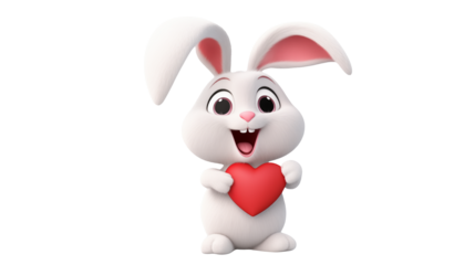 Adorable 3D Cartoon Bunny Holding a Heart isolated on transparent background