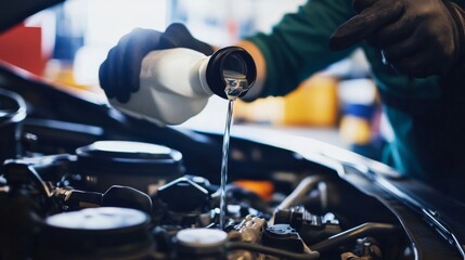 Obraz premium Expert Mechanic Pouring Engine Fluid: Automotive Maintenance in Action