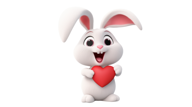 Adorable 3D Cartoon Bunny Holding a Heart isolated on transparent background