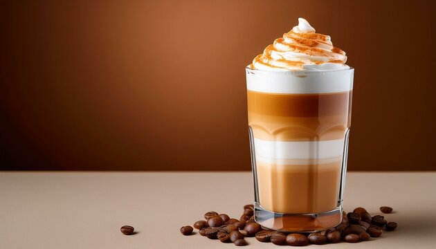 Layered coffee drink with whipped cream, coffee beans.