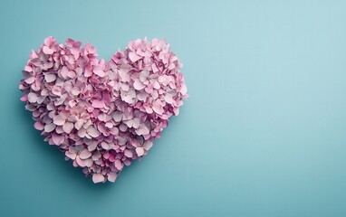 Fototapeta premium A vibrant heart-shaped floral display blooms against a calming blue backdrop, celebrating love's beauty.