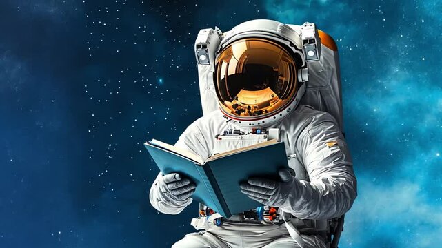 Astronaut reading book in outer space with vivid cosmic background and bright stars
