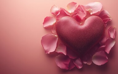 Obraz premium A heart-shaped object nestled among delicate rose petals, symbolizing love's beauty and romance.