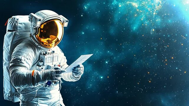 Astronaut exploring space while reviewing data on a floating sheet in vibrant cosmos