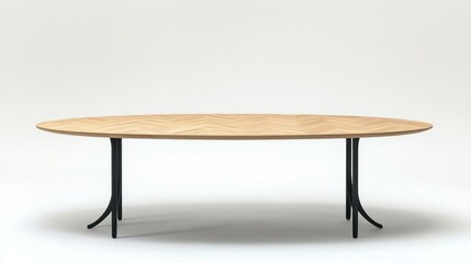 Oval wooden dining table with herringbone top and black legs.