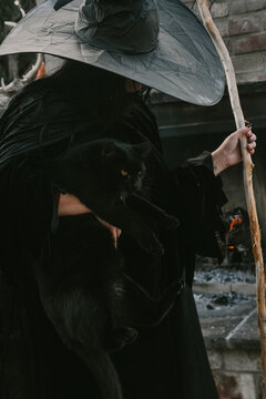 witch holds her black cat and broom