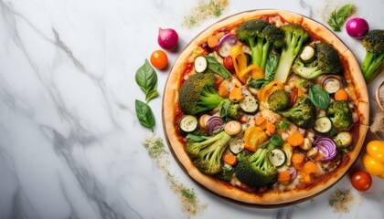 Delicious veggie pizza on marble background
