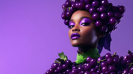 Model showcases vibrant grape-inspired fashion in creative photo shoot