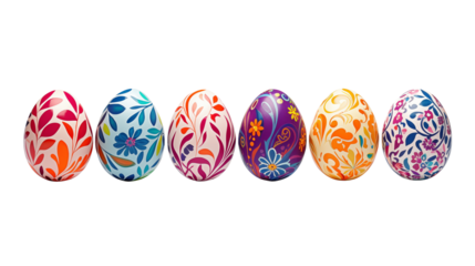 Six Decorated Easter Eggs isolated on transparent background