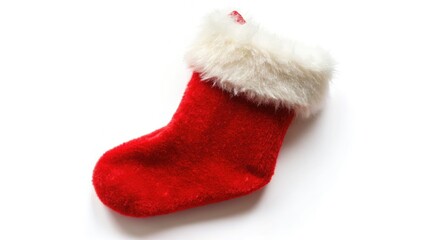 A miniature red Christmas stocking, fluffy trim, festive winter scene captured in a tilt-shift photo.
