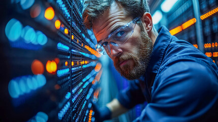 Male technician wearing safety glasses inspecting network hardware in a data center environment