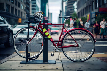 Fototapeta premium Bicycle secured on a parking in a city.