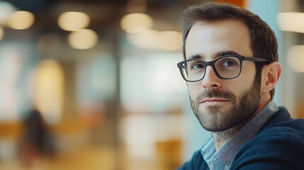 Obraz premium A Man With a Beard and Glasses Looking Off to the Side
