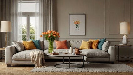 Design of spring living room with sofa, furniture, vase with tulips, easter decorations