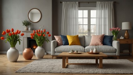 Design of spring living room with sofa, furniture, vase with tulips, easter decorations