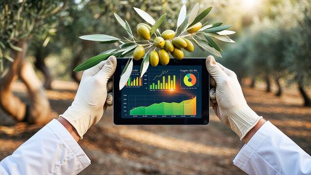 agronomist's hands with tablet scans olives on a branch in the garden