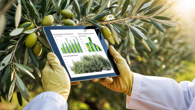 agronomist's hands with tablet scans olives on a branch in the garden