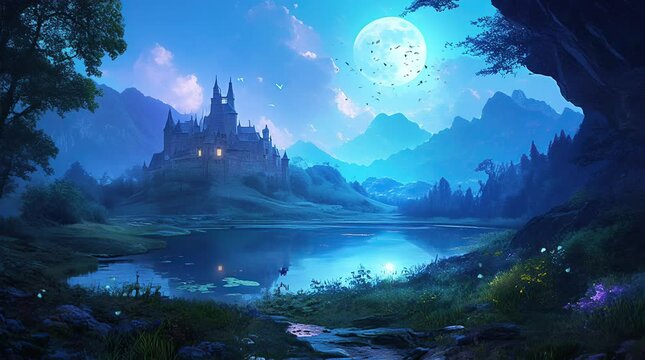 Majestic castle by a tranquil lake under the glow of a full moon  
Seamless looping 4k time-lapse virtual video animation Generated AI