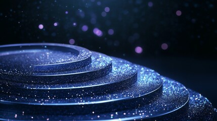 A spiral-shaped 3D podium with a metallic silver texture, illuminated by soft blue and purple lights, dark navy background