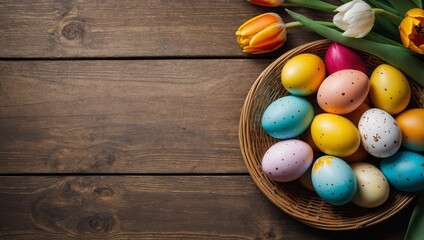 Easter holiday background with easter eggs and tulip flowers on wooden table