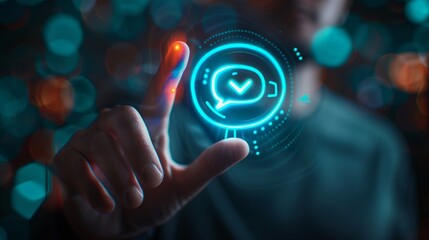 Male user interacting with a digital chat icon in a futuristic setting.