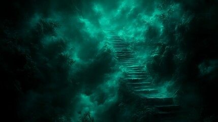 Stone Steps Ascending Through An Ethereal Green Fog