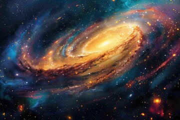 Obraz premium A swirling galaxy filled with vibrant colors and glowing stars creates a dynamic cosmic atmosphere that inspires wonder