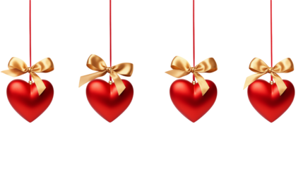 Four Hanging Red Hearts with Gold Bows Perfect for Valentine's Day isolated on transparent background